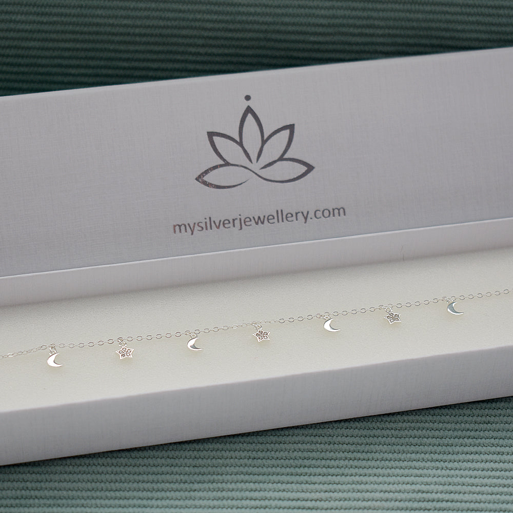 Amy silver & CZ star & moon charm bracelet