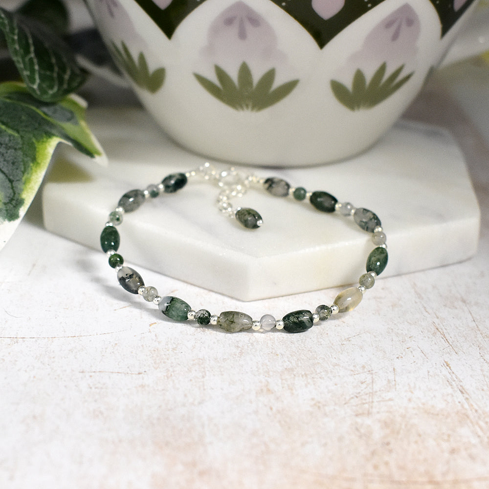 Jaelyn moss agate & silver bead bracelet