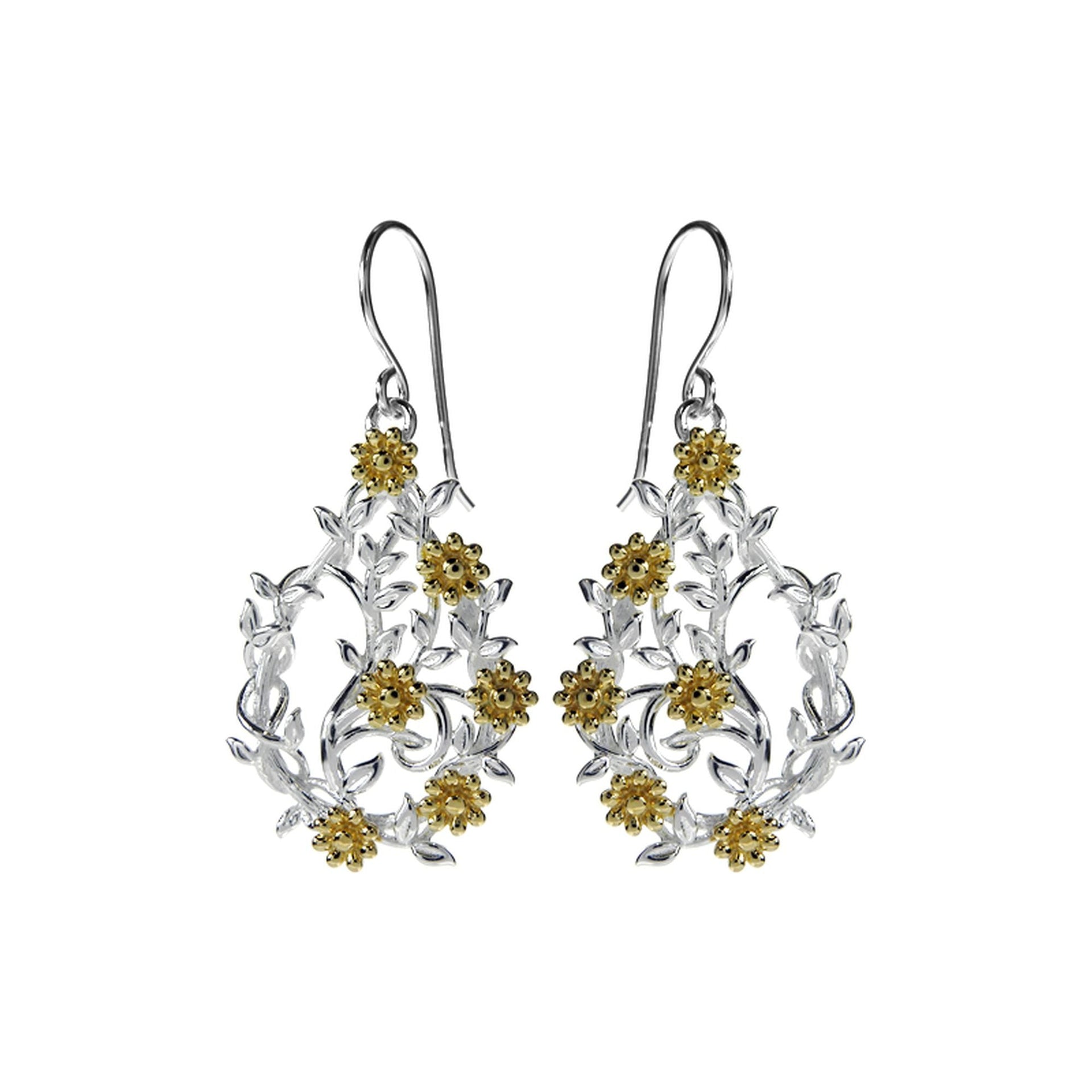 Teardrop climber earrings with yellow gold plated flowers