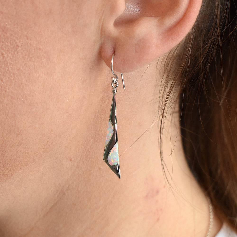 Celeste sectioned triangle white opal earrings