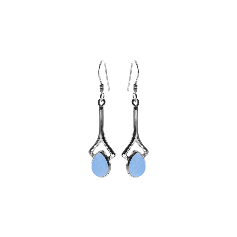 Viola long open stem blue chalcedony teardrop earrings