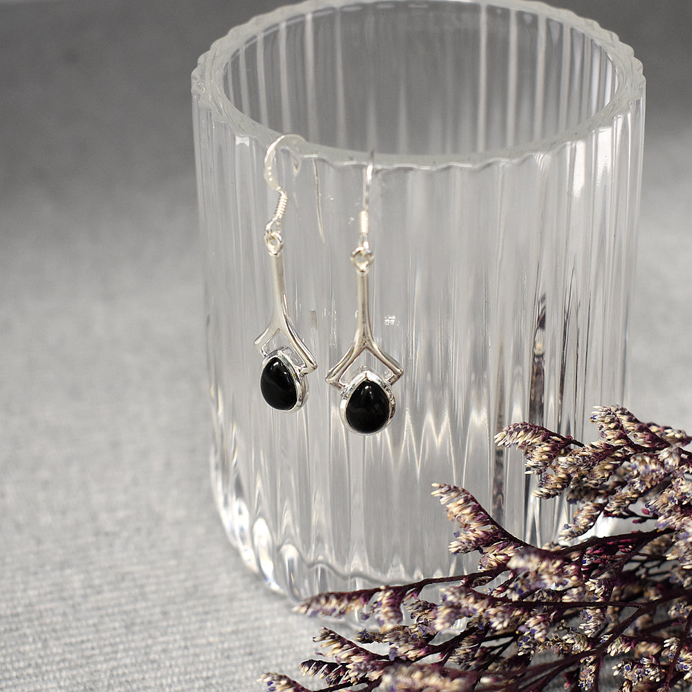 Viola long open stem black onyx teardrop earrings