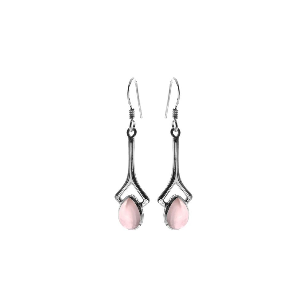 Viola long open stem rose quartz teardrop earrings