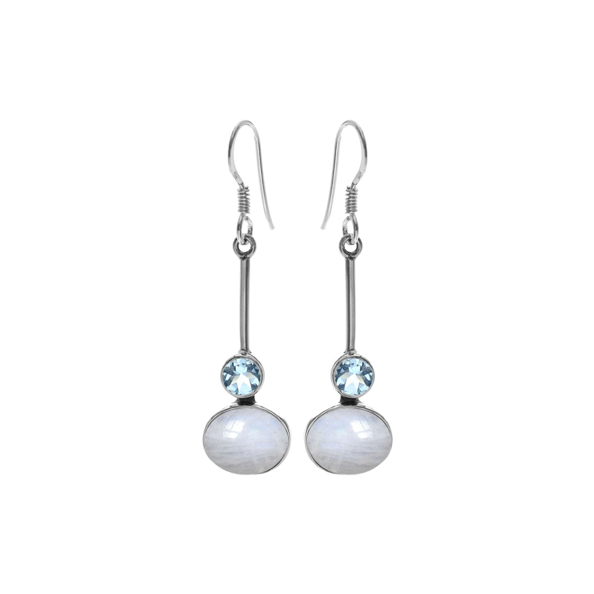 Bridget rainbow moonstone & blue topaz bar drop earrings