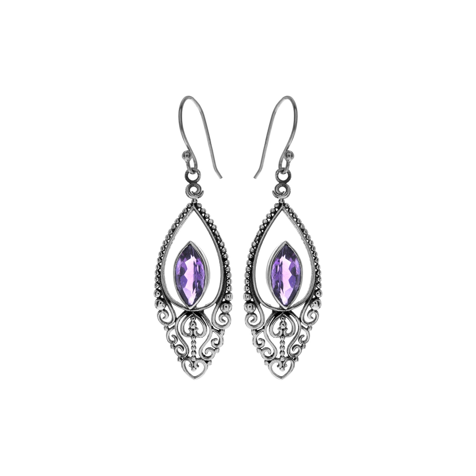 Filigree leaf design earrings with marquis amethyst