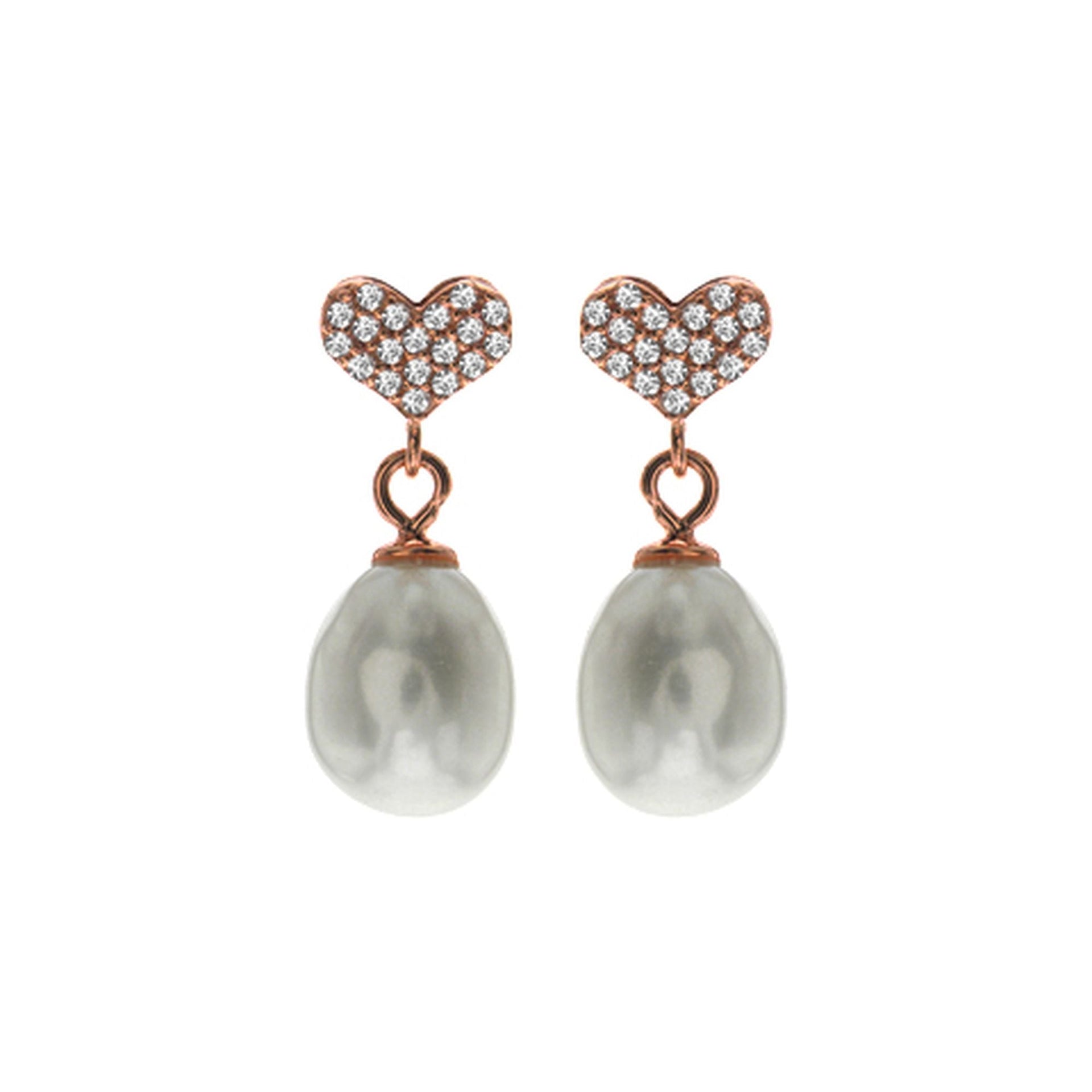 Rose gold plated earrings with CZ heart & oval pearl