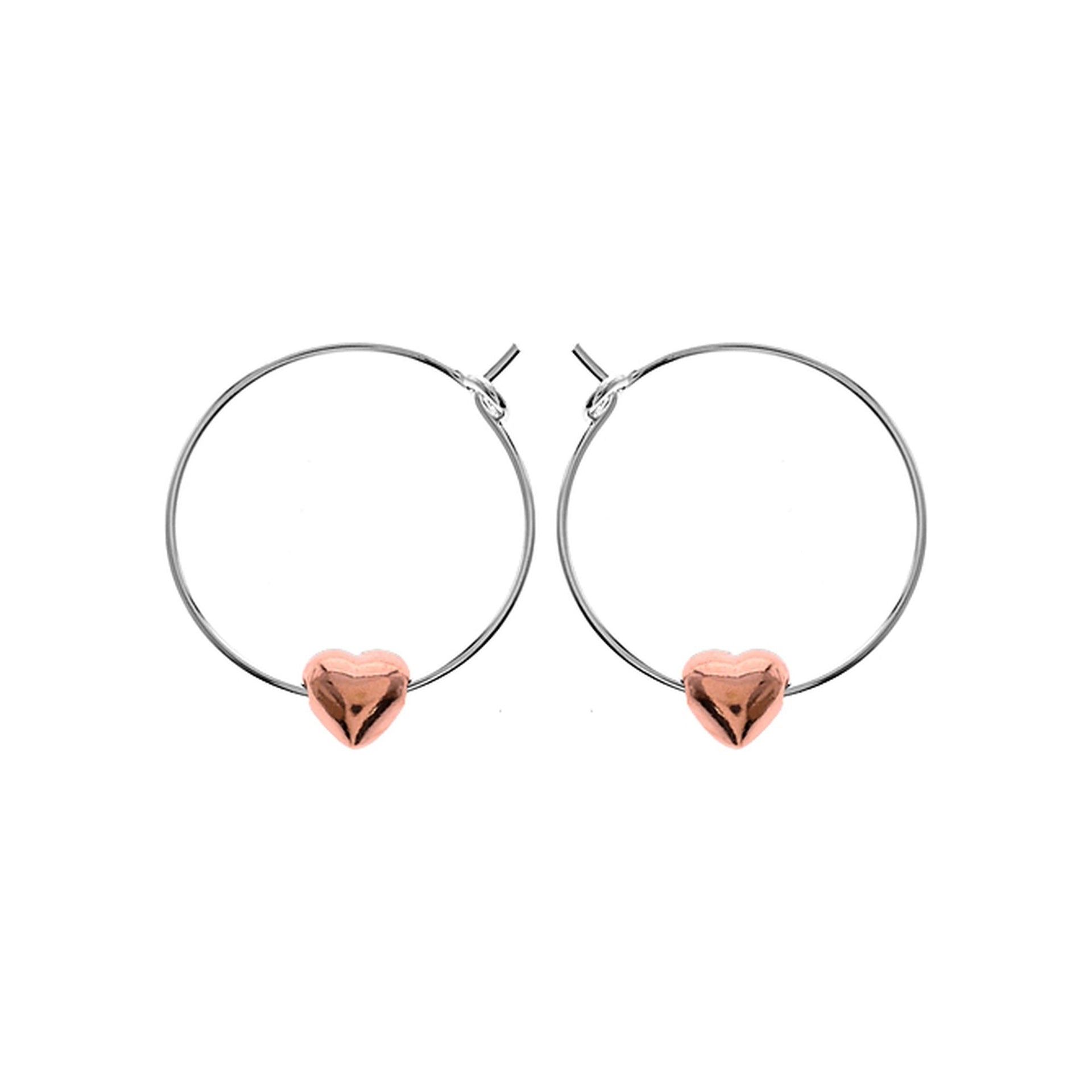 Rose gold plated hoop earrings with mobile heart