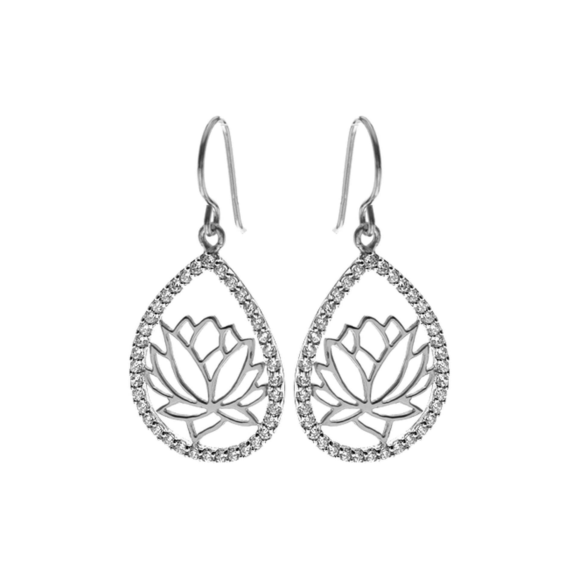 Open teardrop & lotus flower earrings with CZ