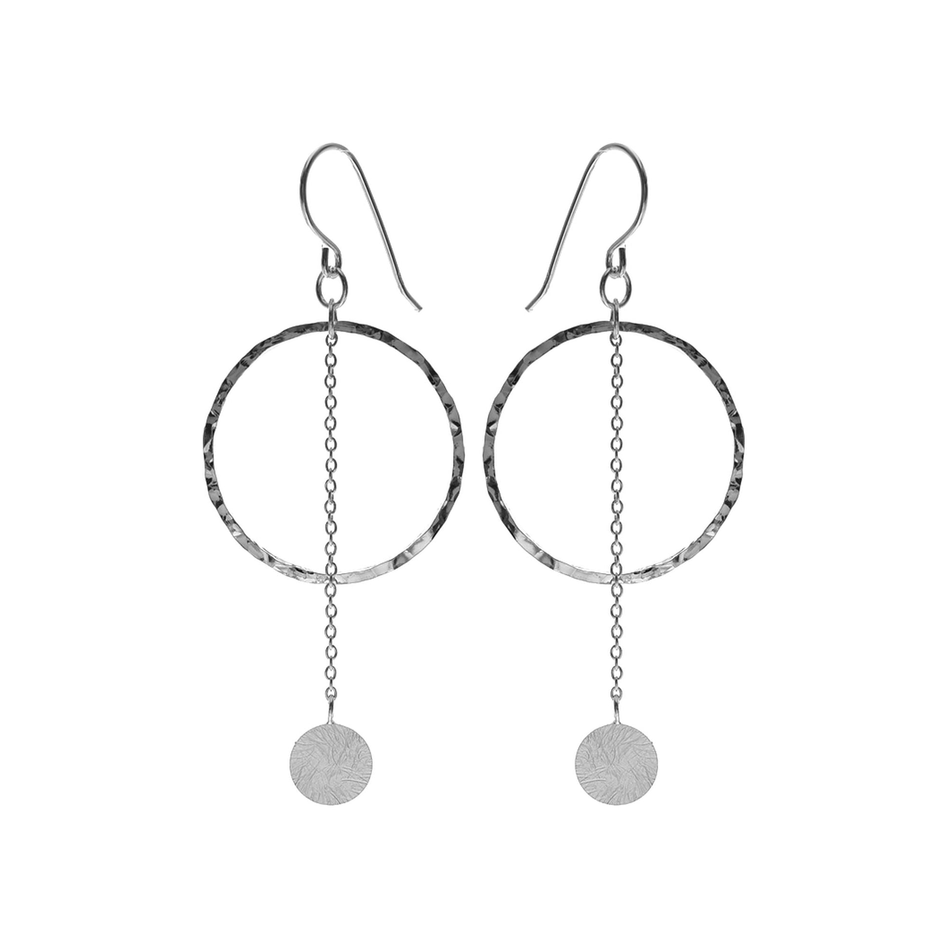 Hammered circle earrings with satin disc pendulum