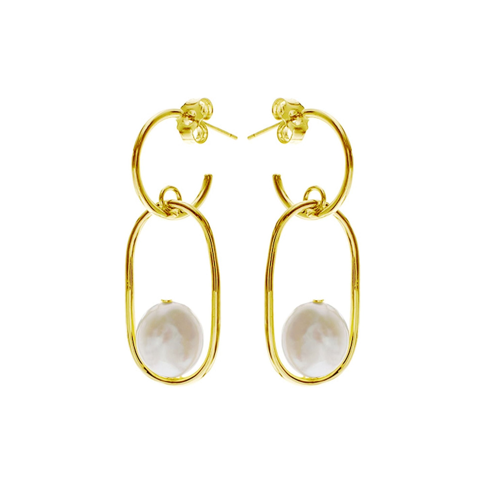 Yellow gold plated hoop & rounded rectangle with pearl