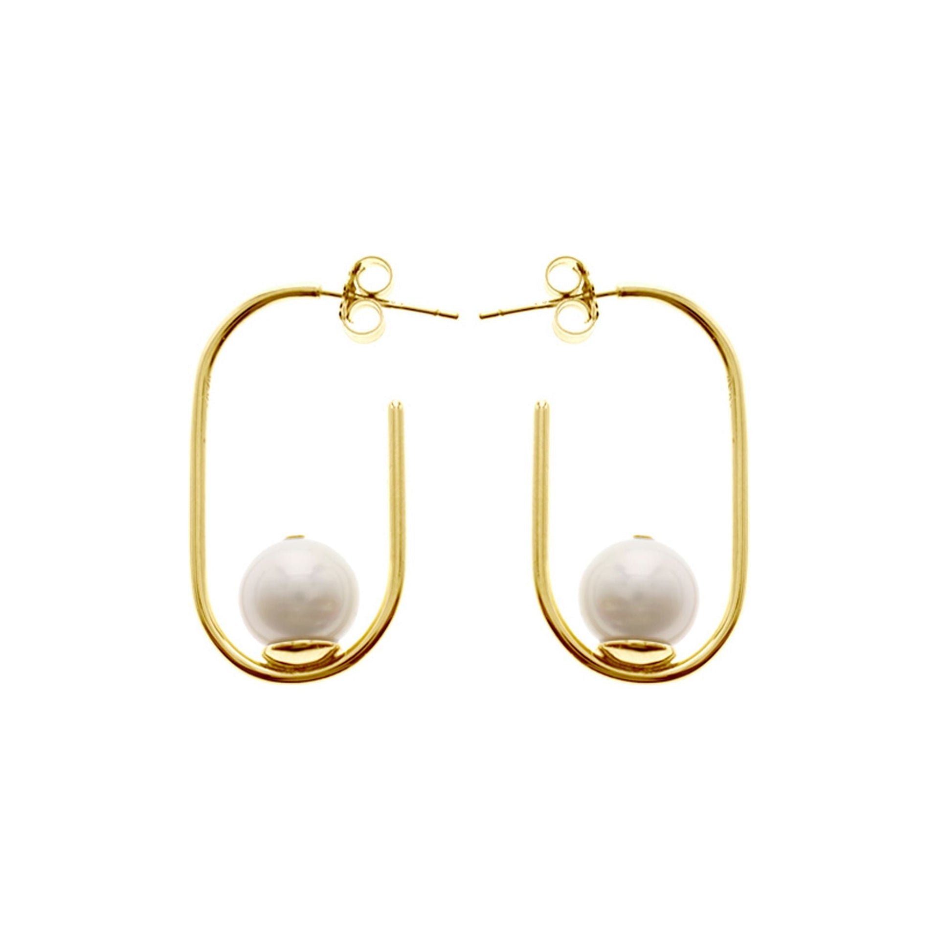 Gold plated stud top open round rectangle & pearl earrings