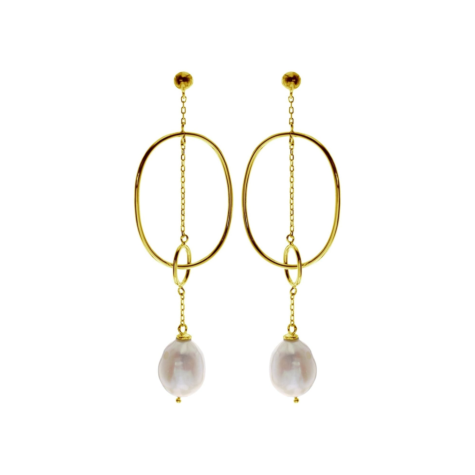 Gold plated stud top pendulum earrings with baroque pearl