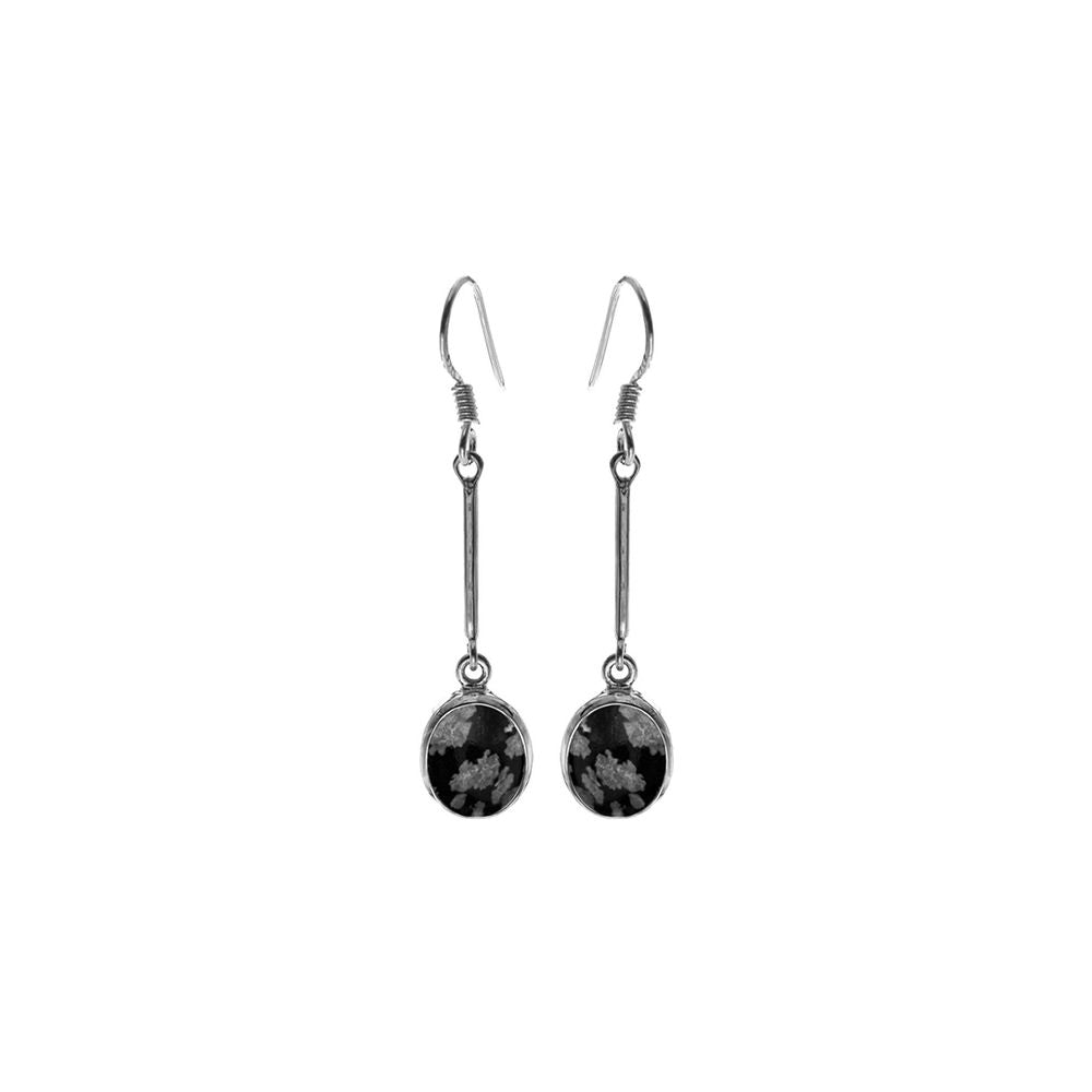 Samira long stem snowflake obsidian oval earrings