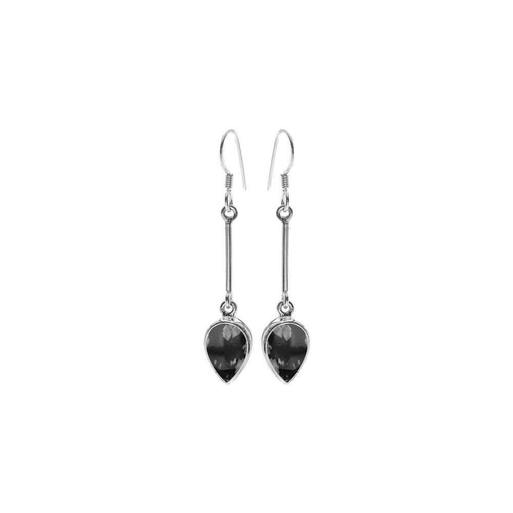 Samira long stem snowflake obsidian teardrop earrings