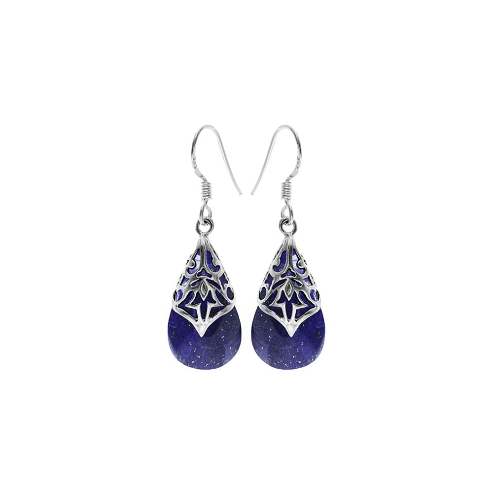 Viola teardrop lapis lazuli with Aztec overlay earrings