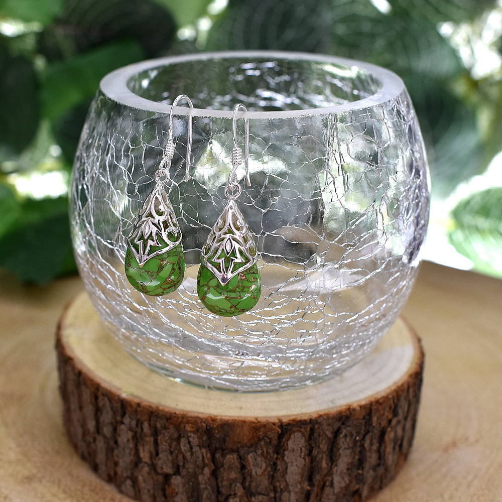 Viola teardrop green mohave with Aztec overlay earrings