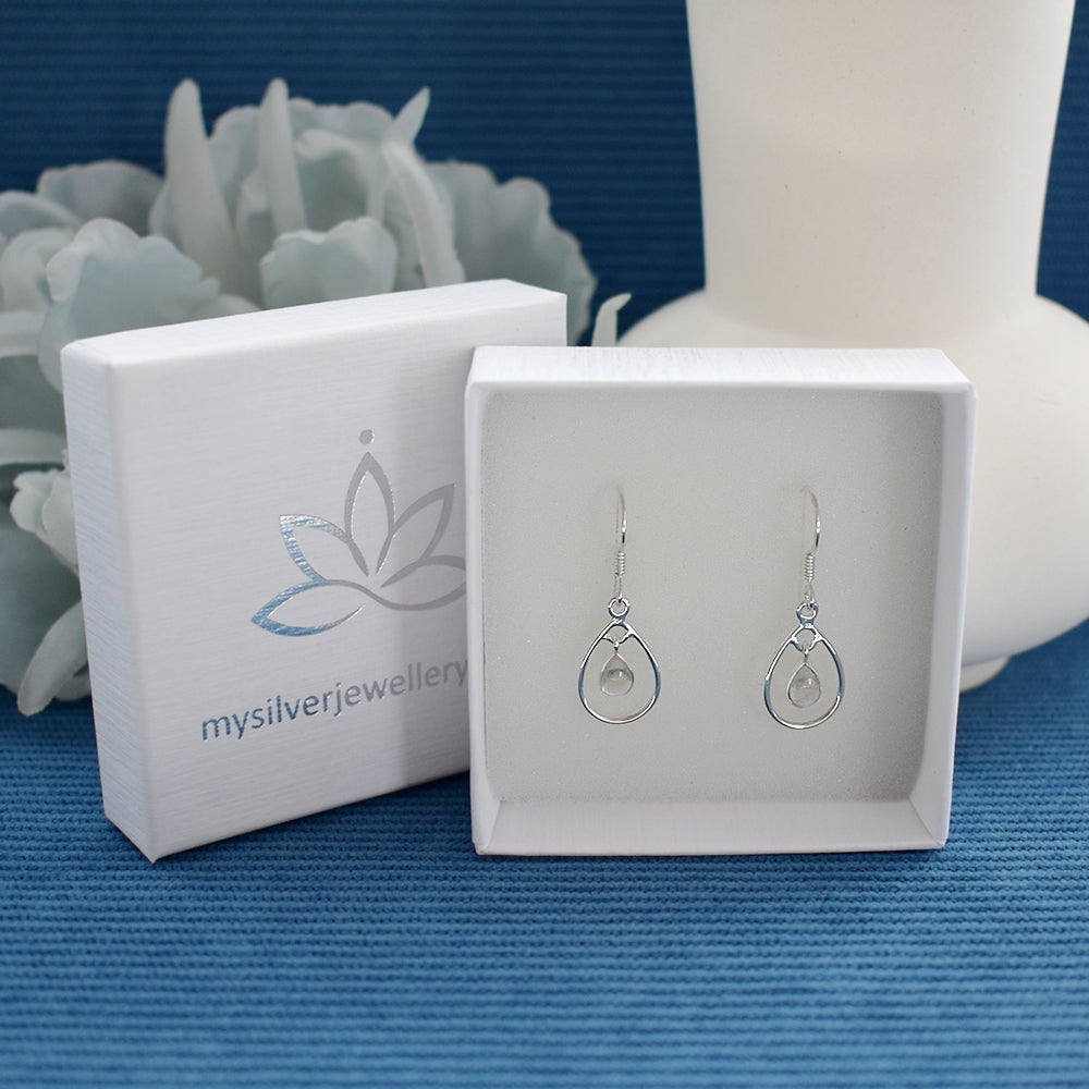 Ivy teardrop earrings with rainbow moonstone charm