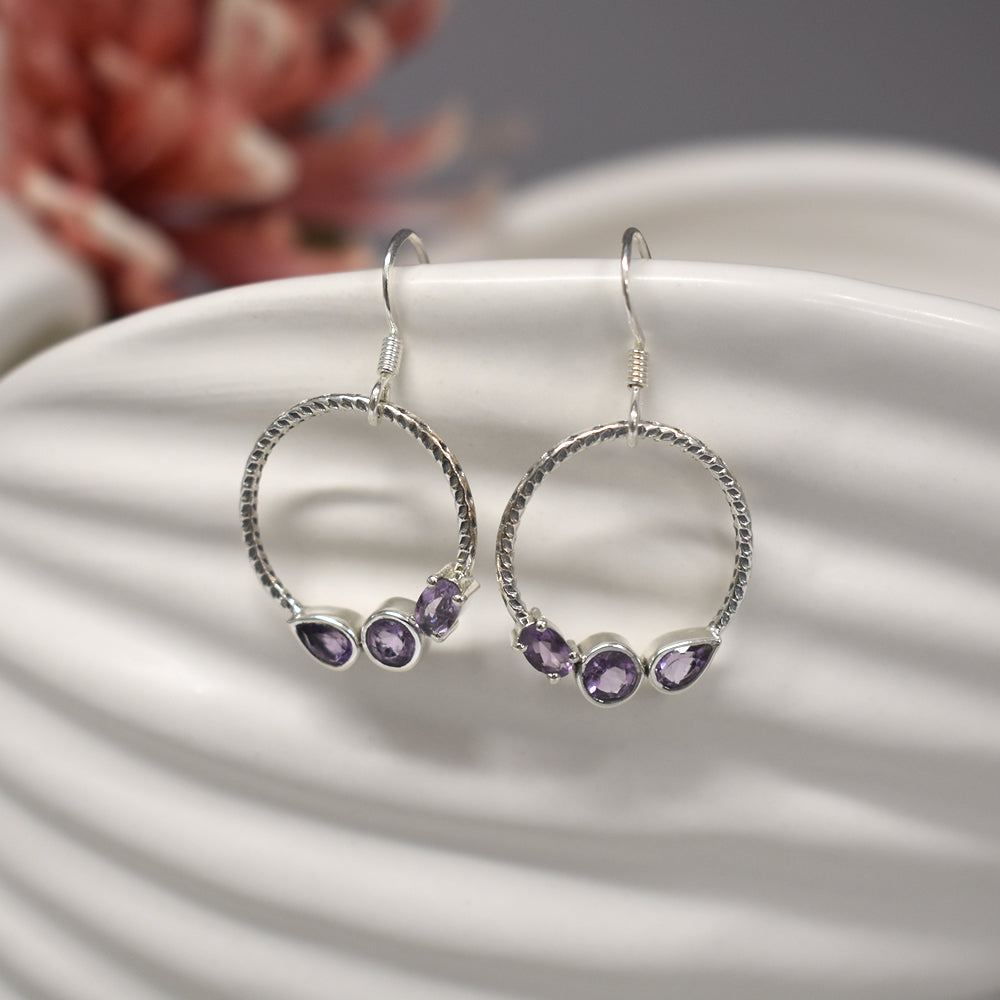 Tilly multi-shaped amethyst rope hoop earrings