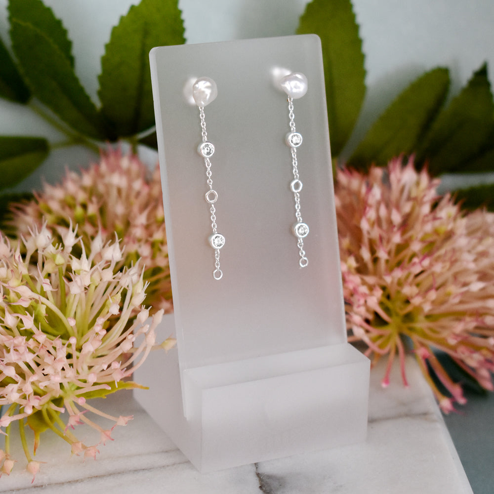 Rosa keshi pearl with optional CZ chain stud earrings