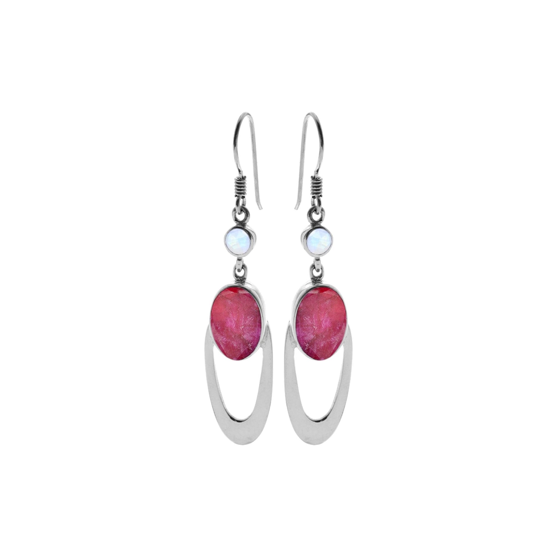 Viola ruby quartz & rainbow moonstone ellipse earrings