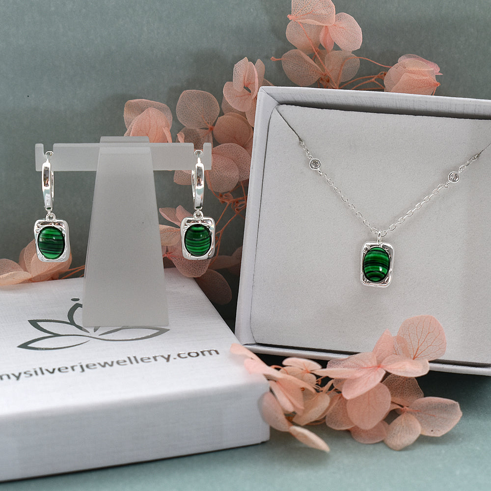 Bridget huggies with malachite in detailed rectangle