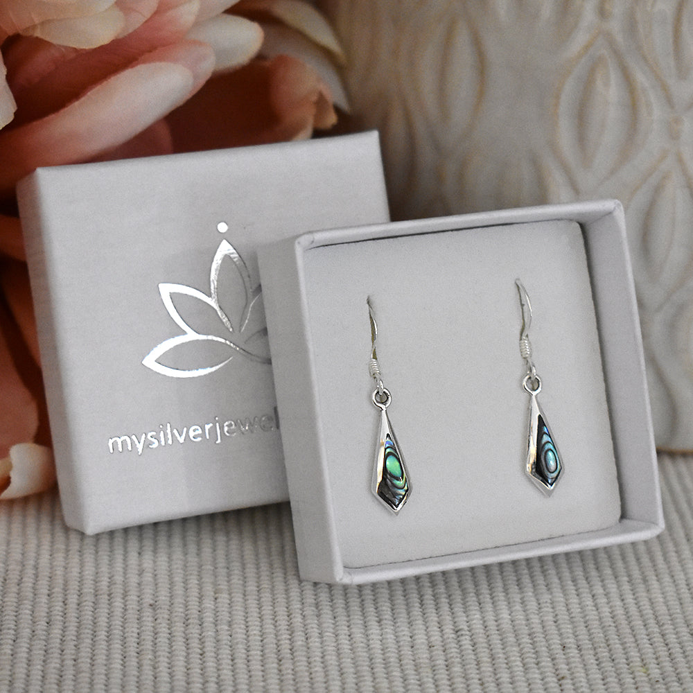 Smile dart-shaped paua shell earrings