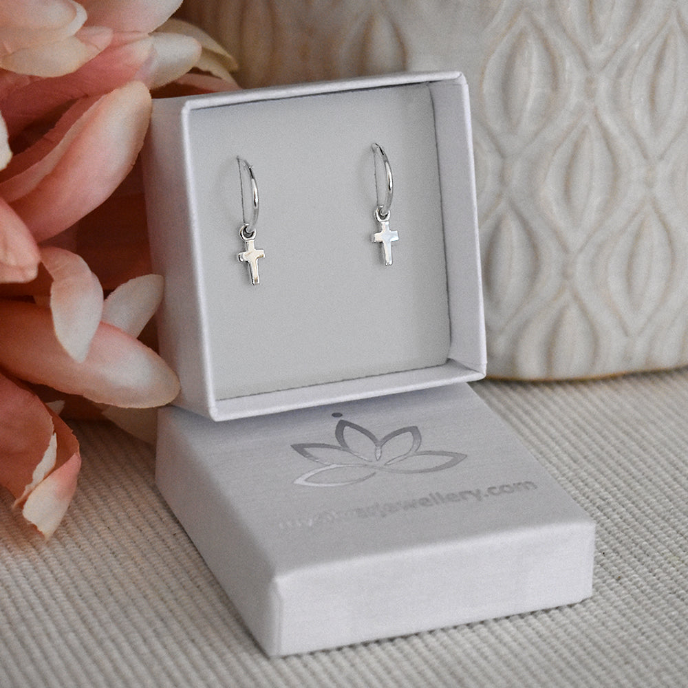 Smile hoop earrings with holy cross charm
