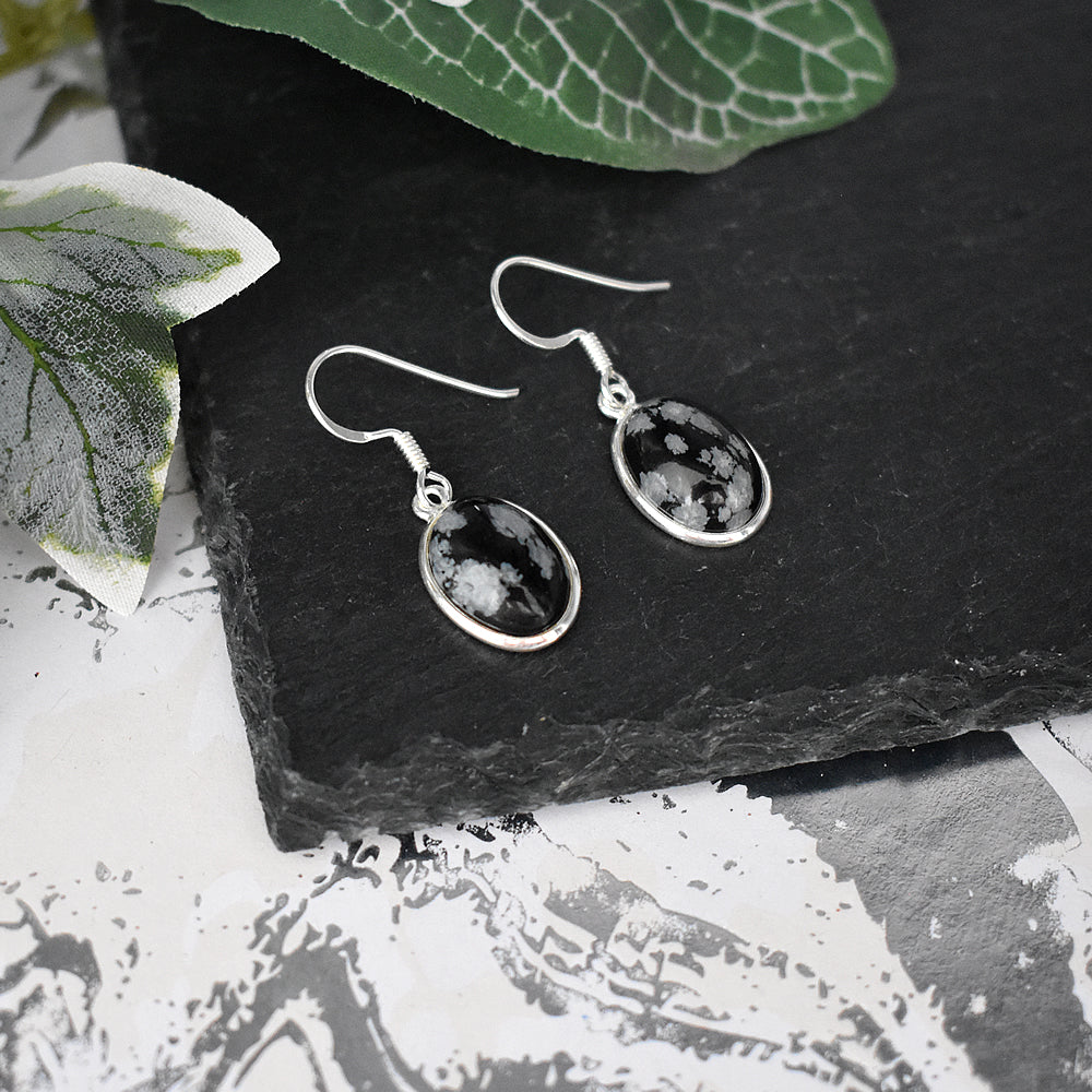 Bridget large oval snowflake obsidian earrings