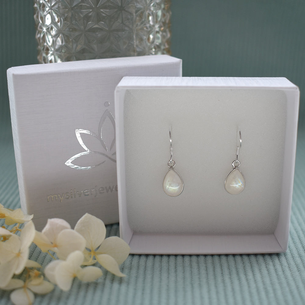 Bridget small teardrop rainbow moonstone earrings