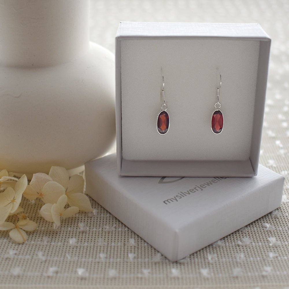 Bridget long oval faceted garnet earrings