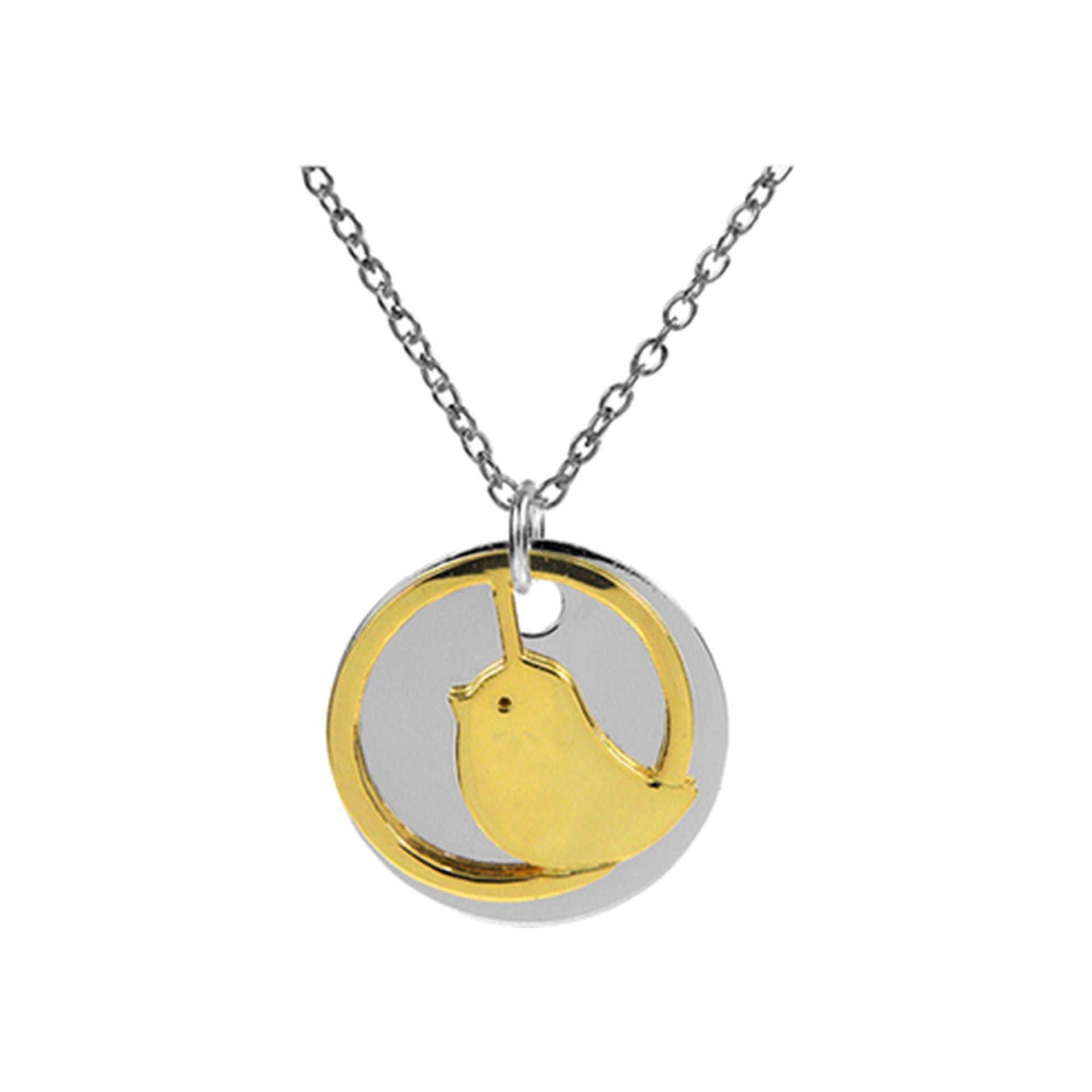 Disc with yellow gold plated bird motif & chain