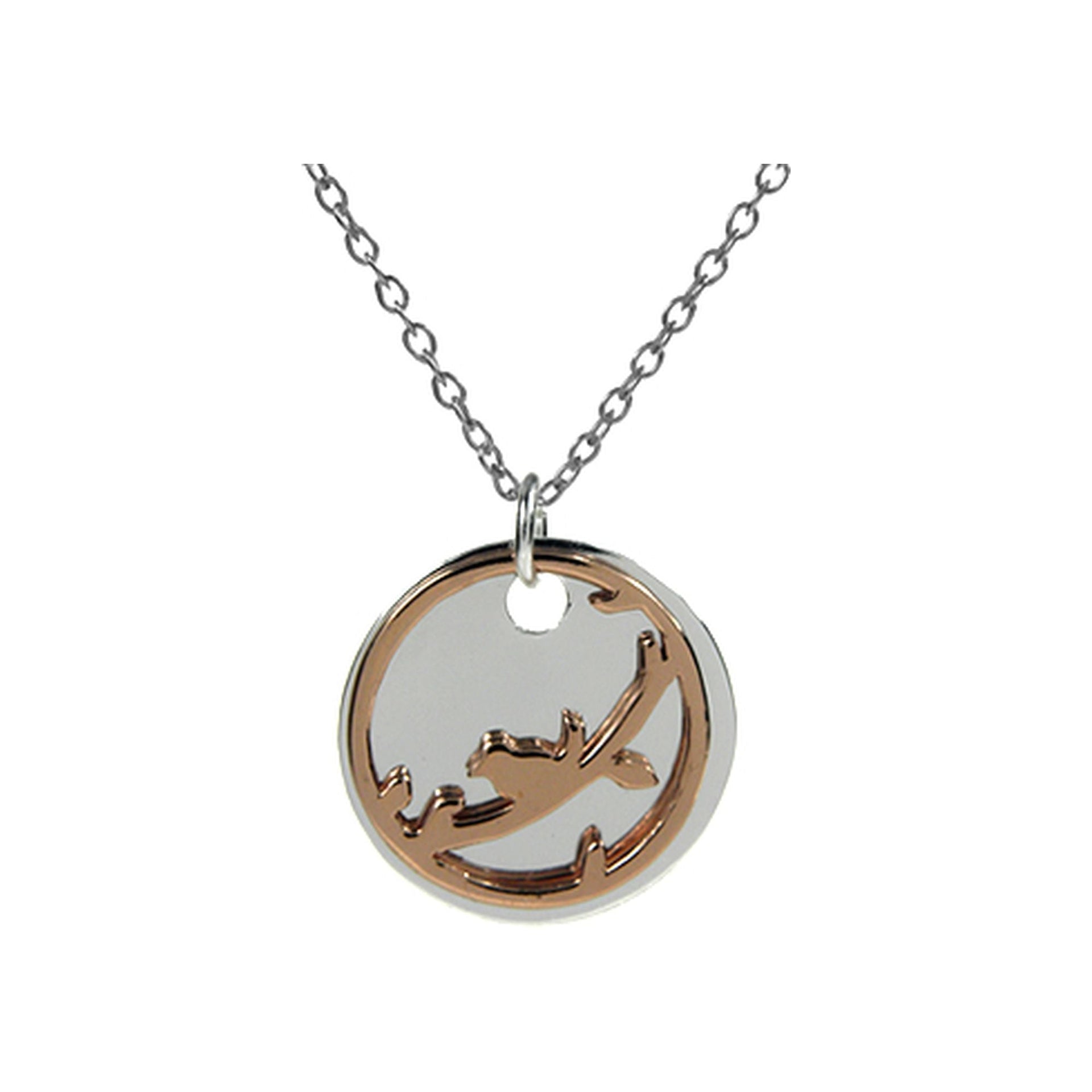 Disc with rose gold plated bird motif & chain