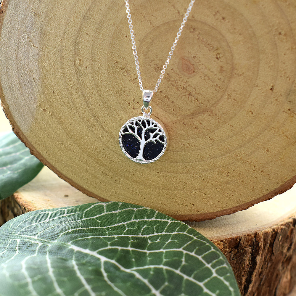 Bronwen blue goldstone with tree of life motif necklace