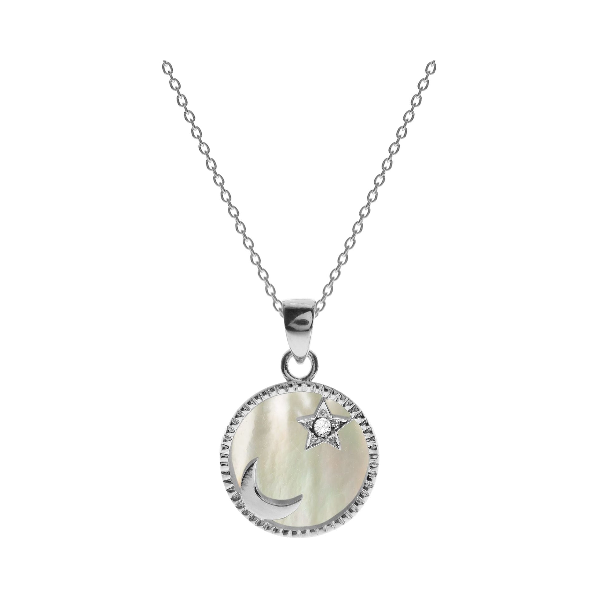 Bronwen mother of pearl with moon & CZ star motif necklace
