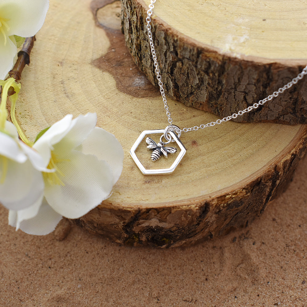 Anya silver bee in honeycomb necklace