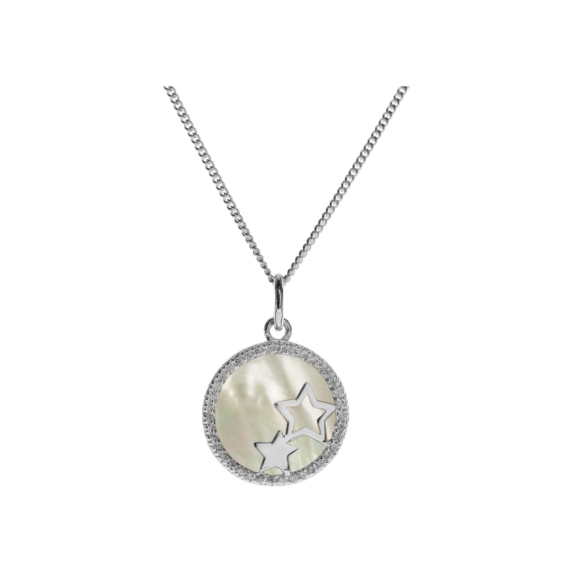 Mother of pearl & CZ double star disc necklace