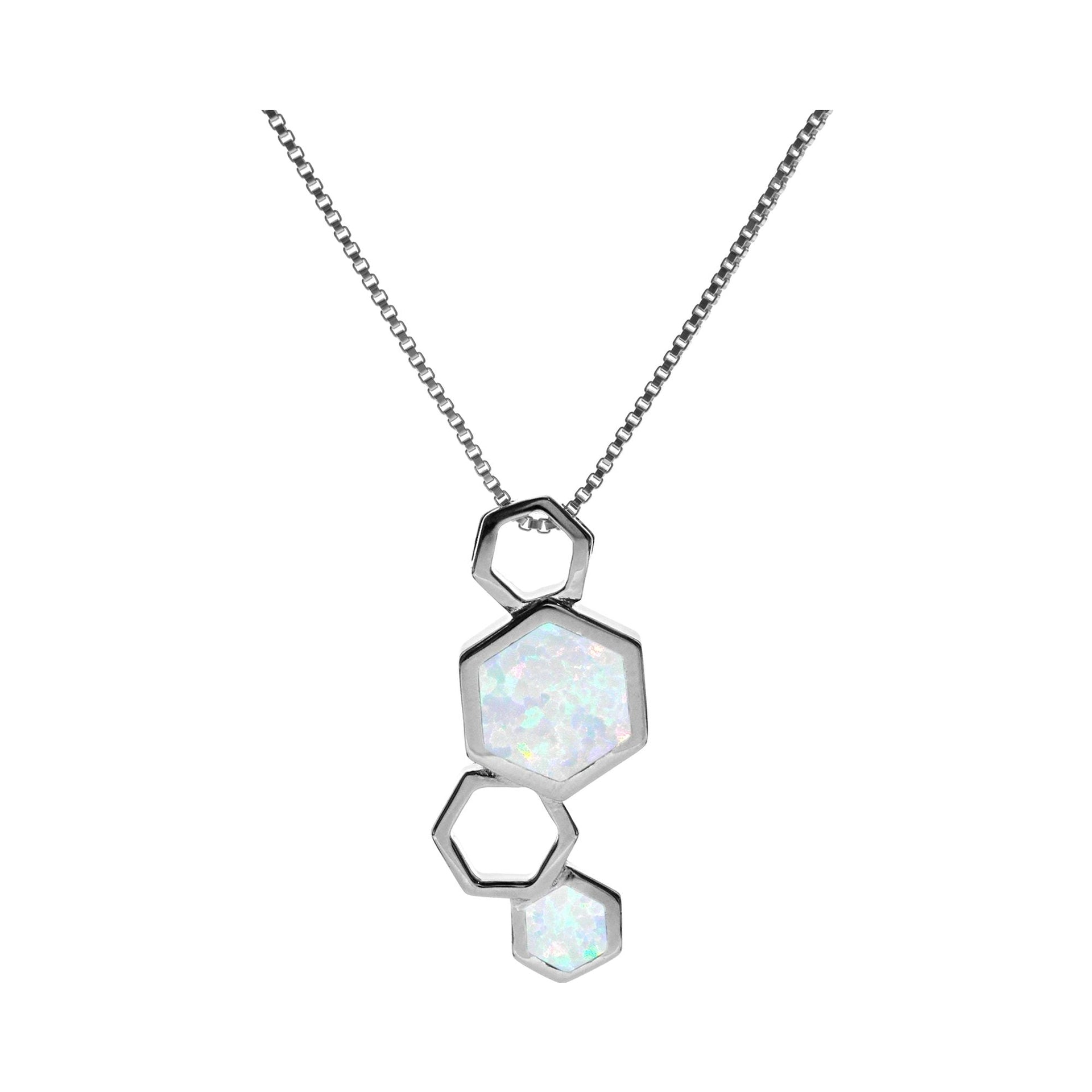 Celeste white opalique staggered hexagon necklace