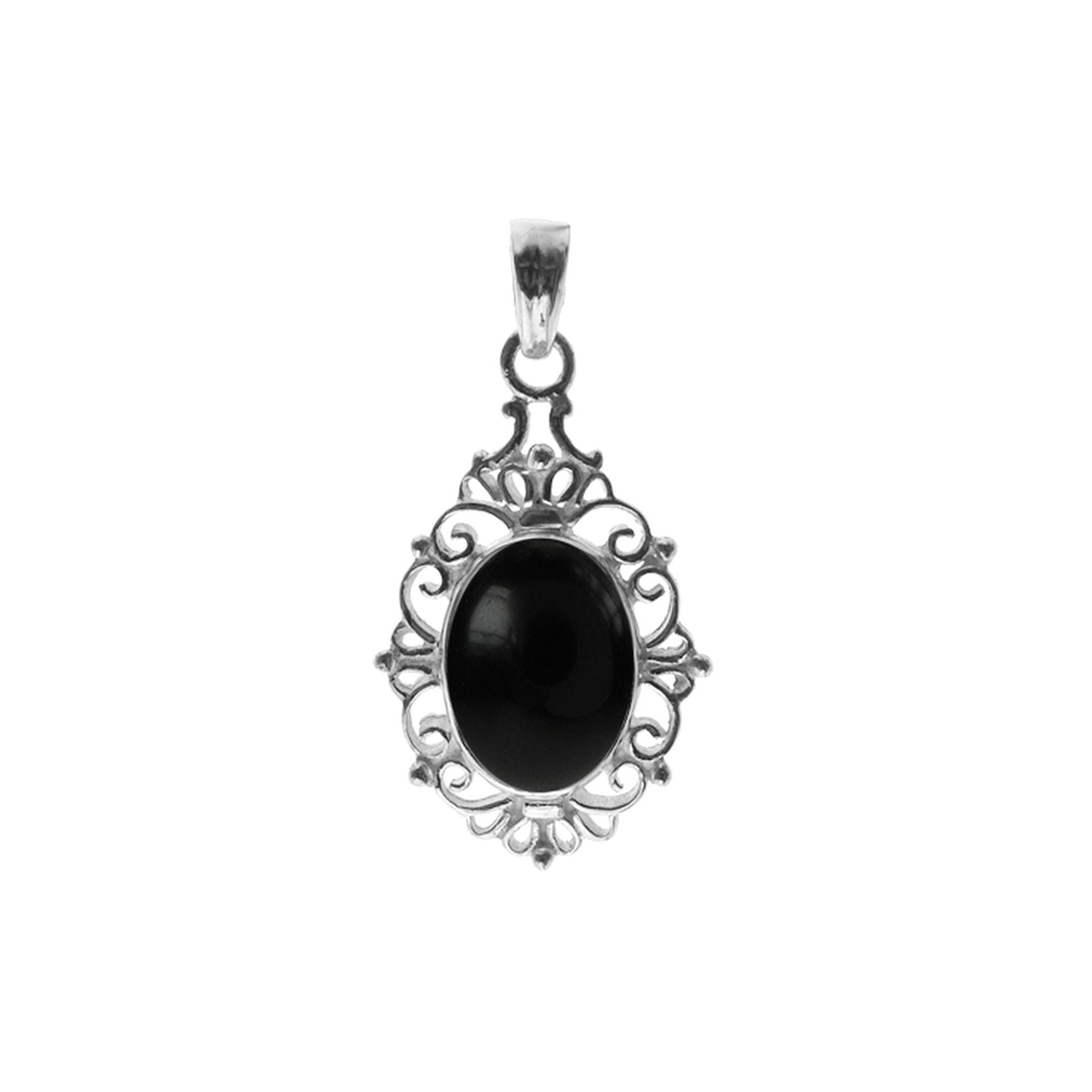 Oval black onyx pendant with filigree detail