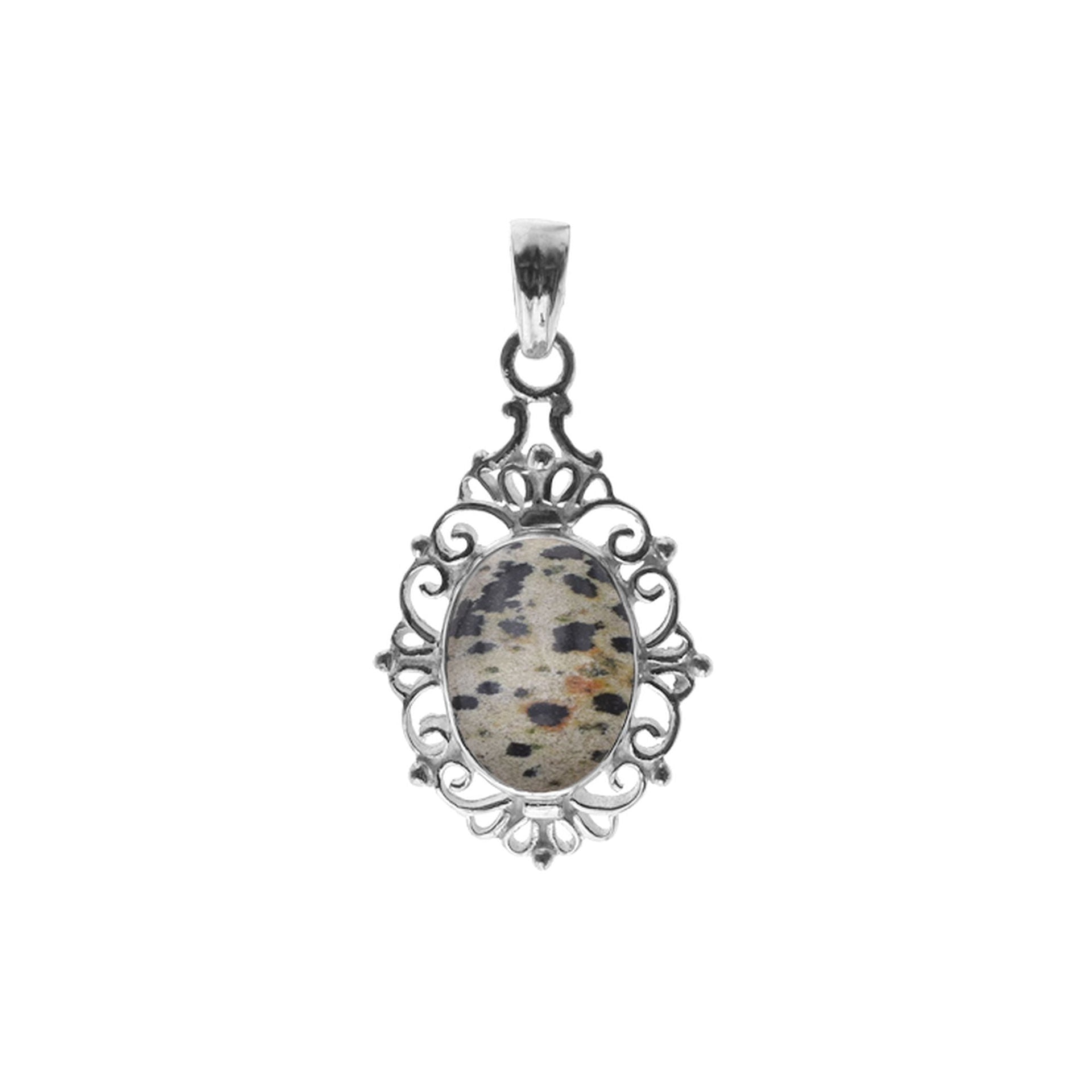 Oval dalmatian jasper pendant with filigree detail