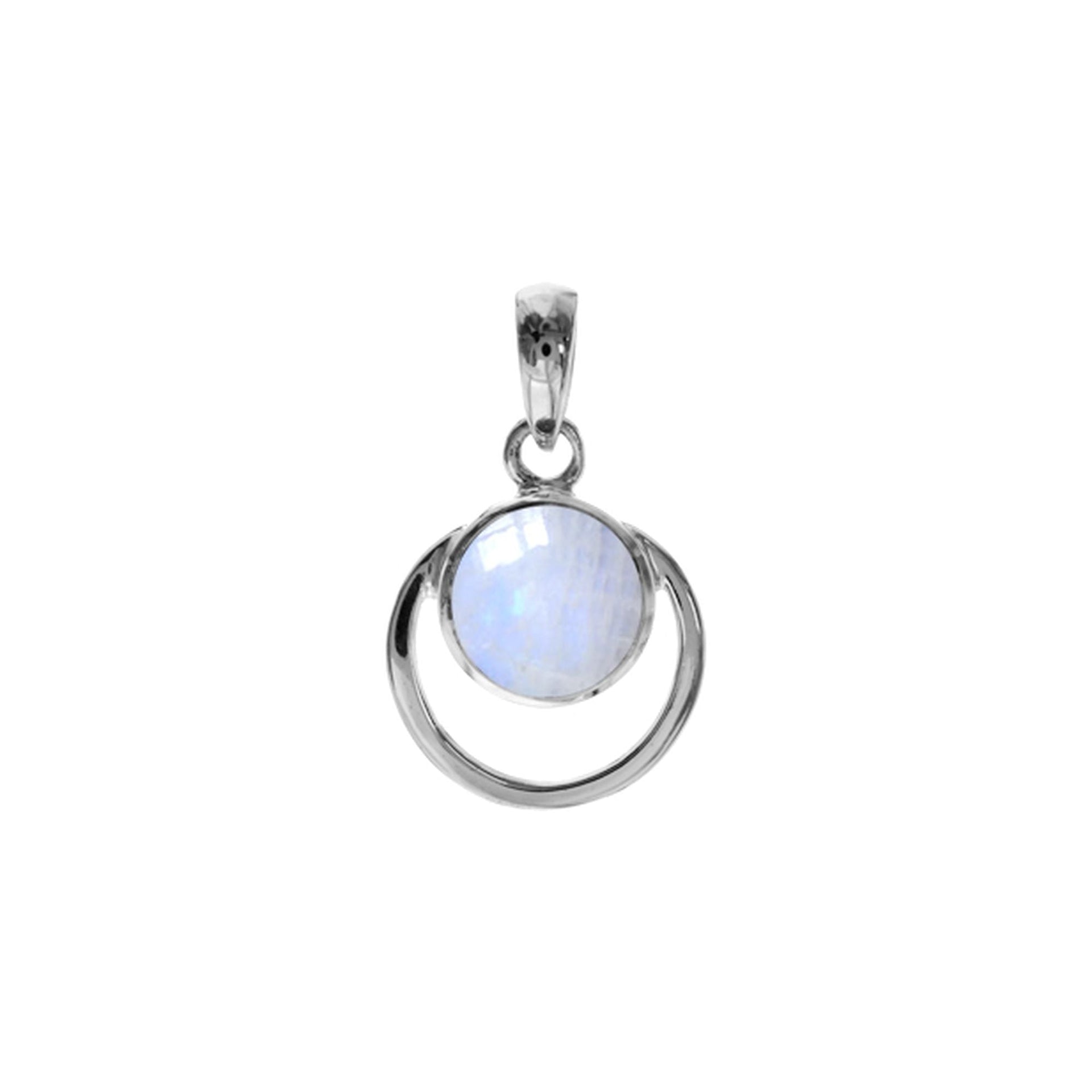 Amy rainbow moonstone with round silver frame pendant