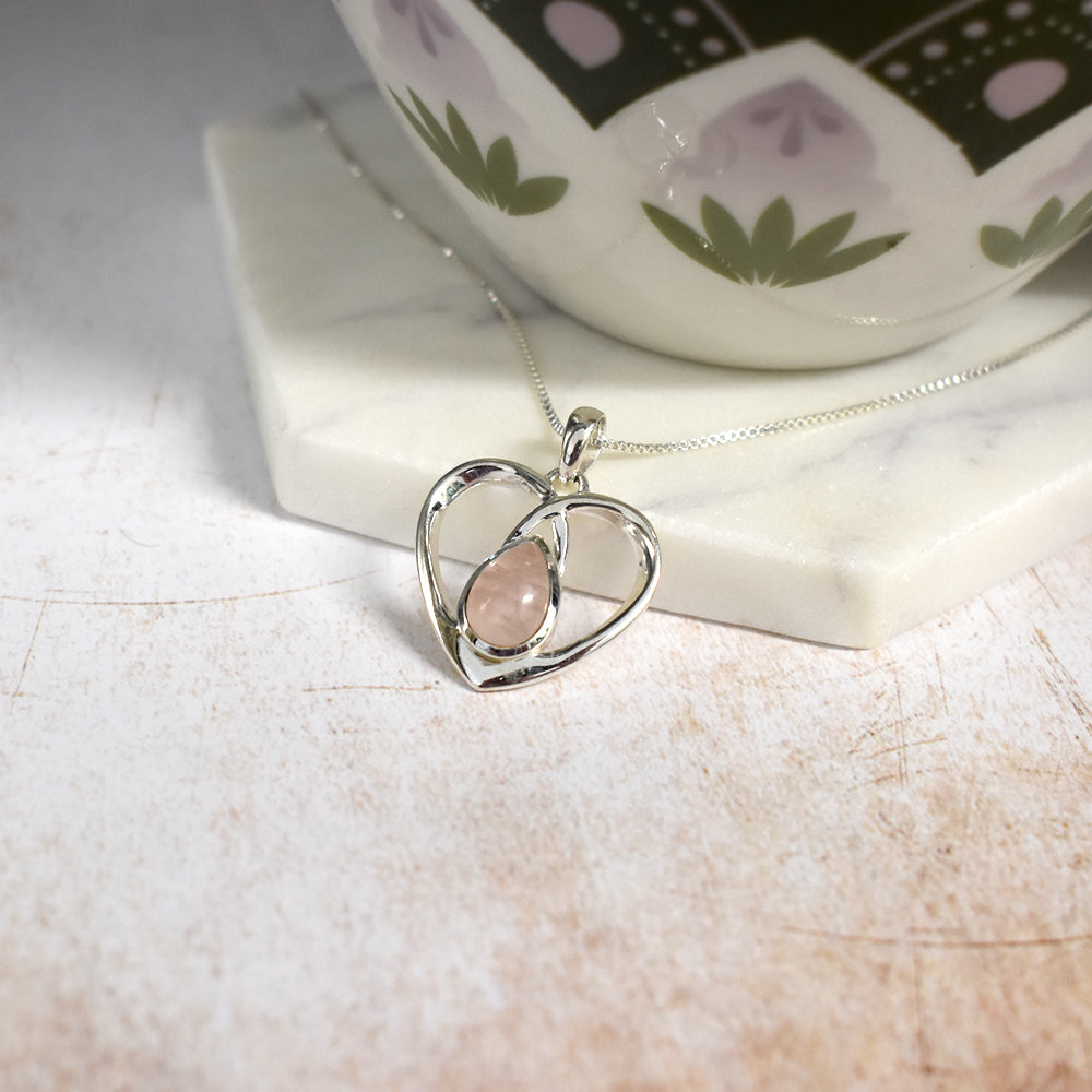 Amy teardrop rose quartz and wire heart pendant