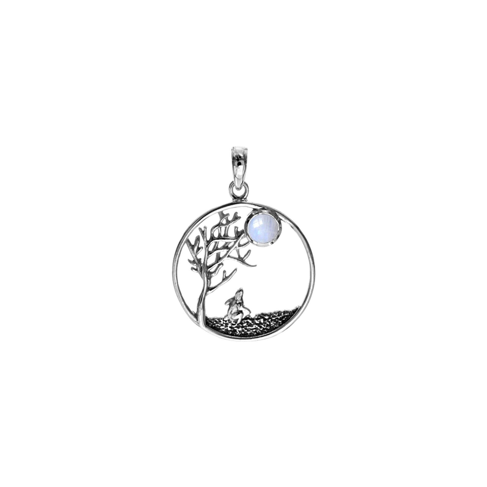 Anabelle rainbow moonstone tree, hare and moon pendant