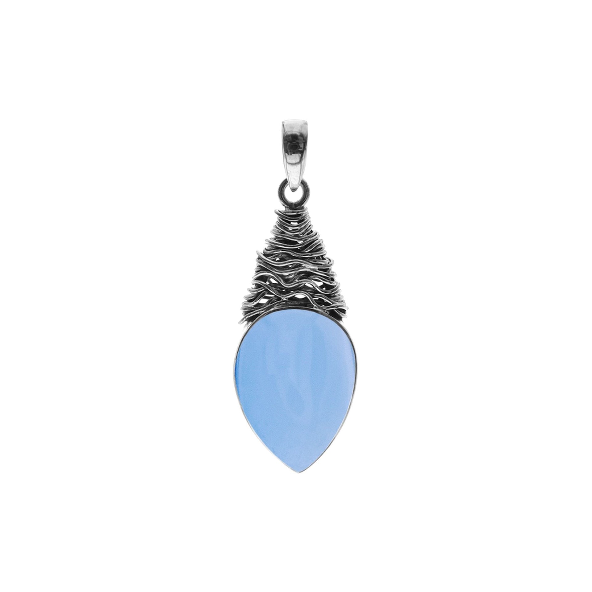 Blue chalcedony teardrop with fretwork pendant