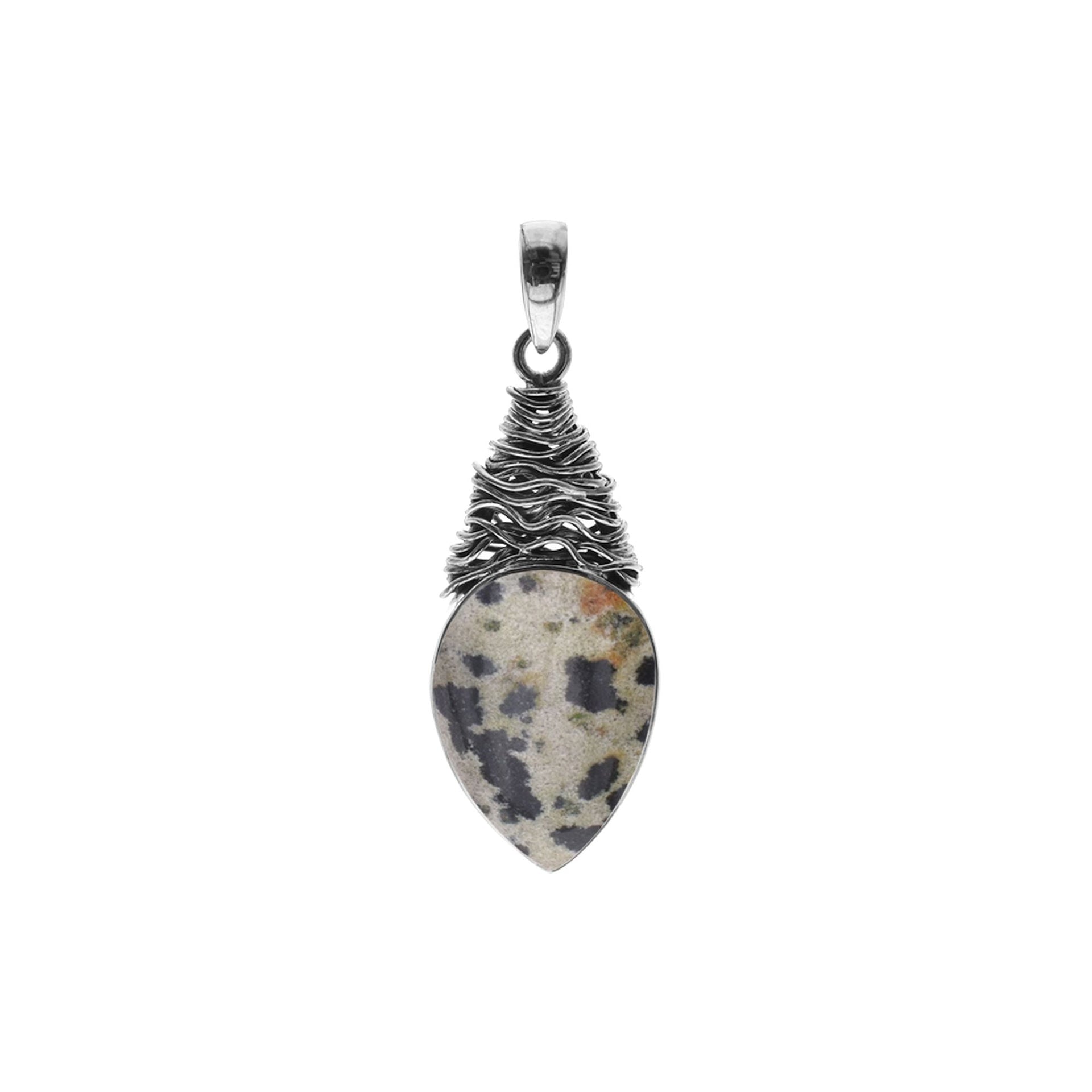 Large dalmatian jasper teardrop with fretwork pendant