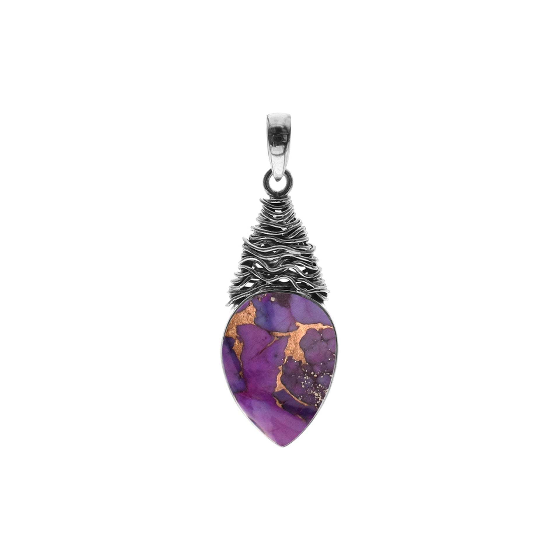 Purple mohave turquoise teardrop with fretwork pendant