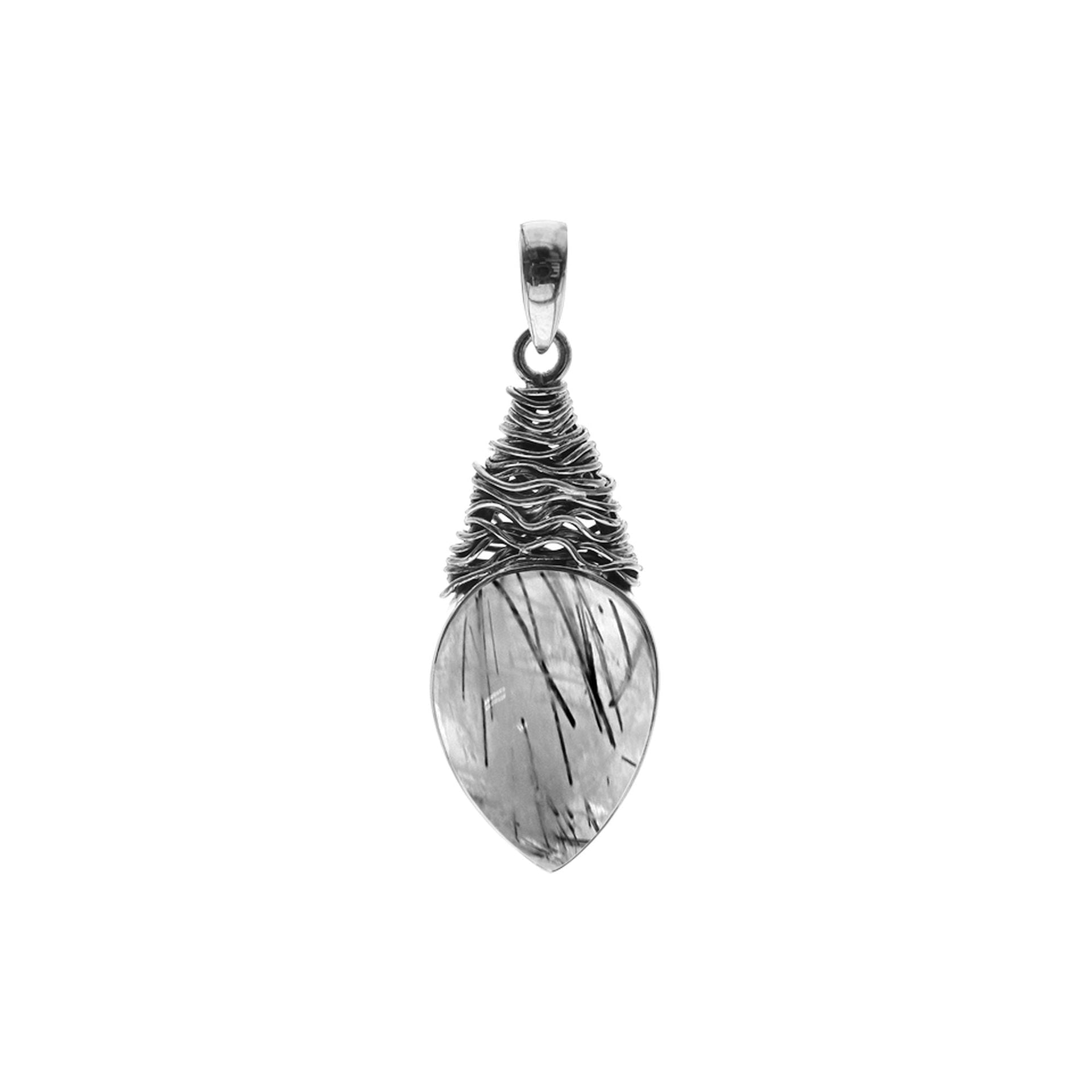 Large tourmalated quartz teardrop with fretwork pendant