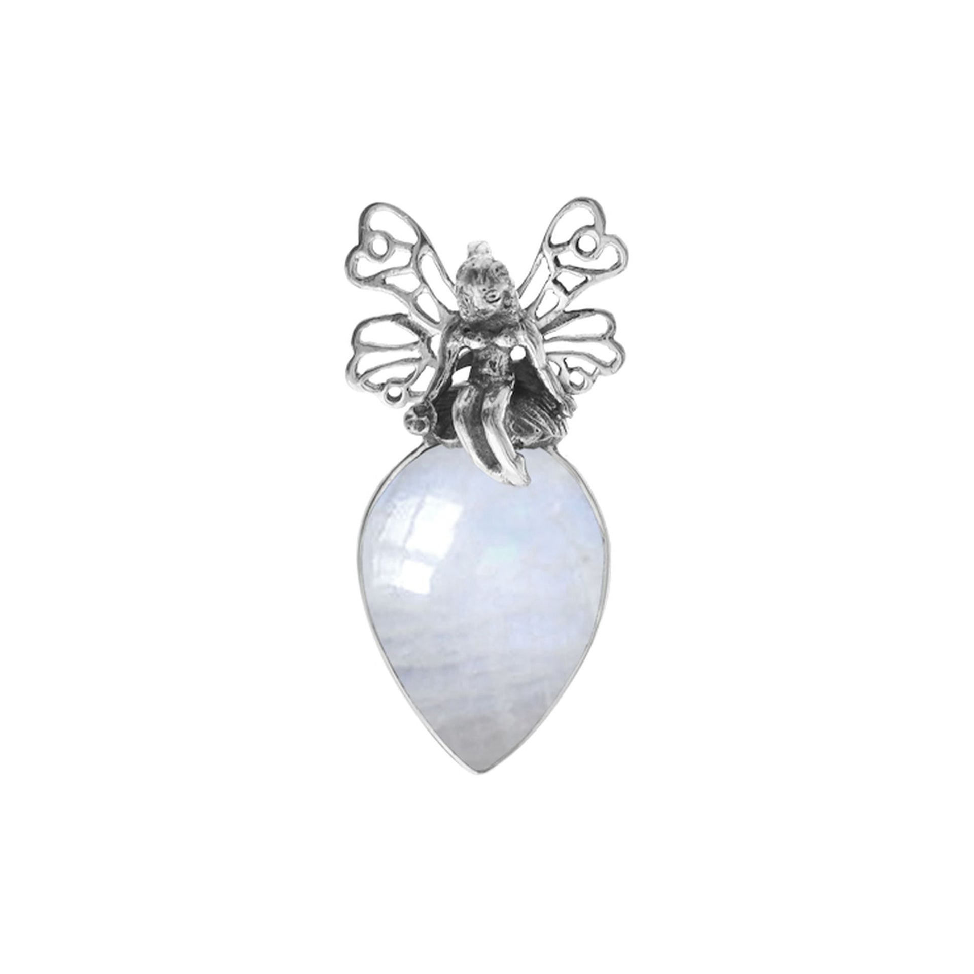 Fairy atop a rainbow moonstone teardrop pendant