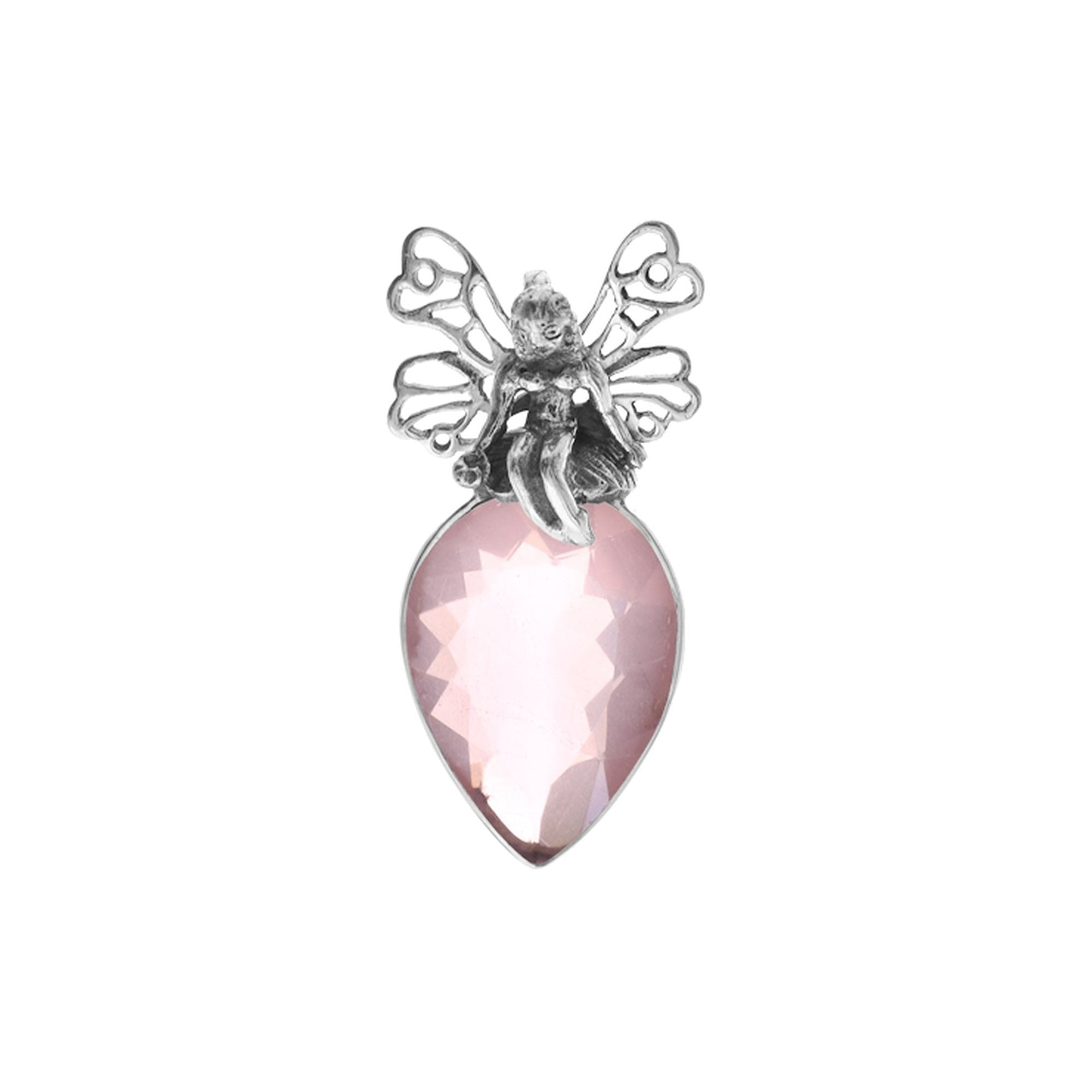 Fairy atop a large rose quartz teardrop pendant