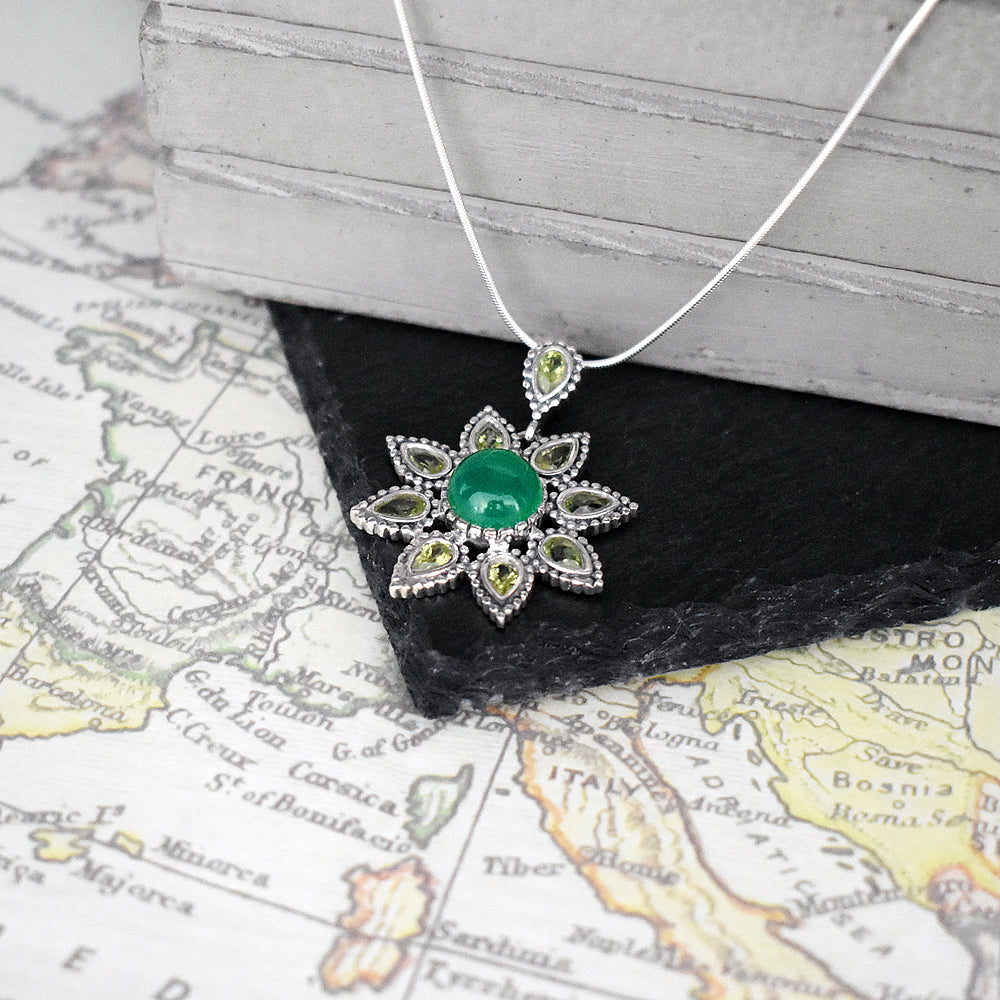 Isla green agate and peridot facet vintage flower pendant