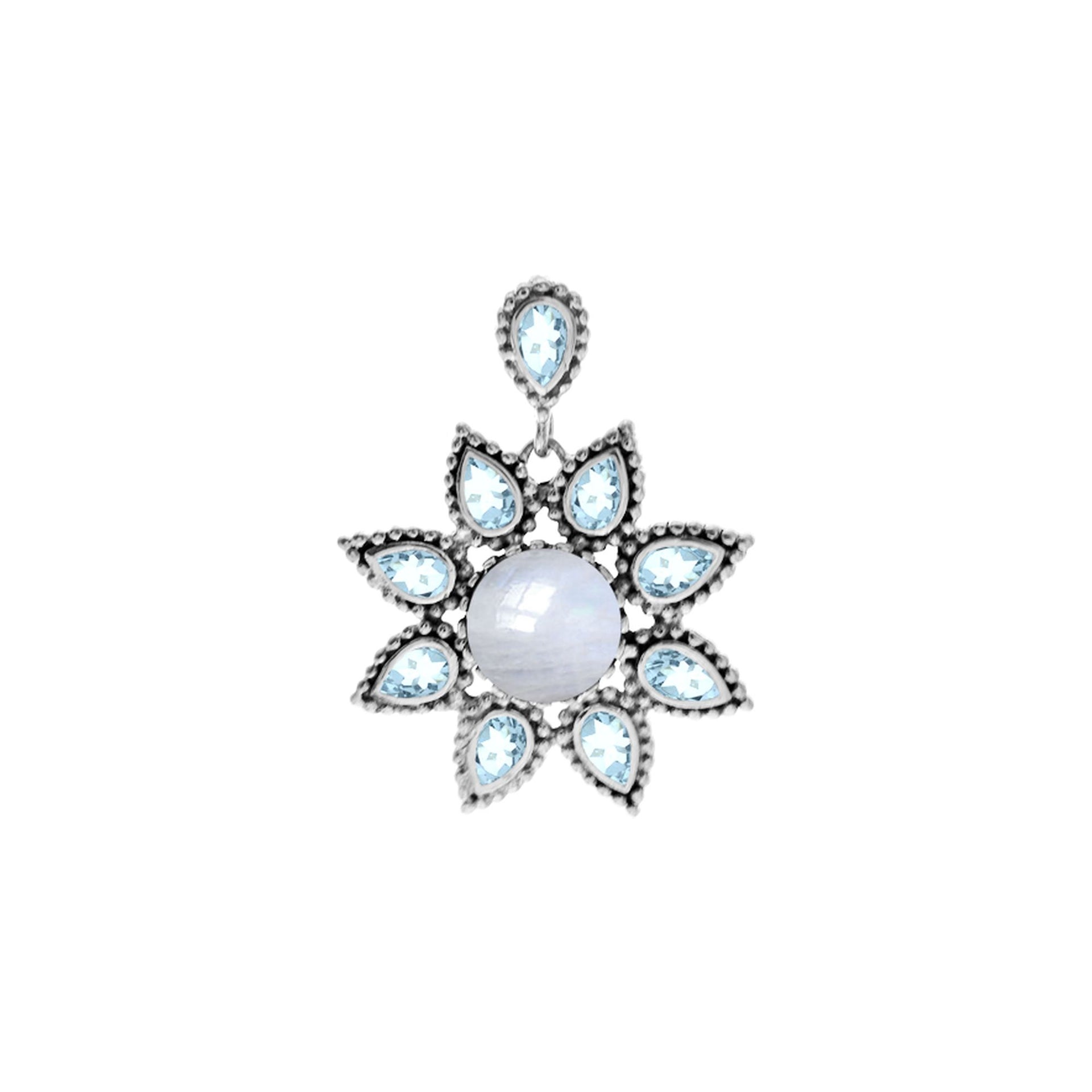 Isla rainbow moonstone and blue topaz vintage flower pendant